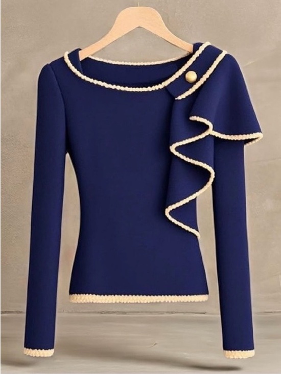 Valanio Sweaters - Navy Ruffle Trim Long Sleeve Top with Cream Piping